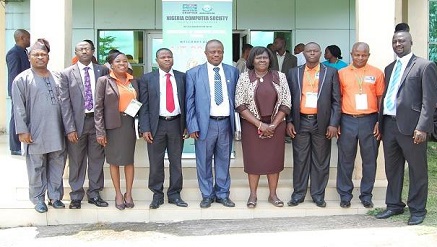 ‎Engineer Ayodele Jolaoso, permanent secretary, Ministry of Special Duties,‎ (5th from left); Professor Adesola Aderounmu, president, Nigeria Computer Society (NCS) (4th from left); Dr. Bukola Onashoga (Mrs), chairperson, Ogun State Chapter of NCS (3rd from left) and other dignitaries at AIT Conference in Ogun State.